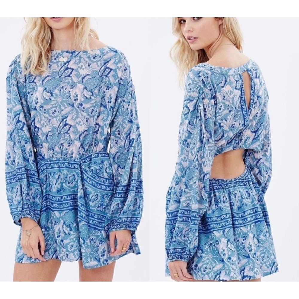 Free People Blue Floral Open Back Long Sleeve Dress Womens Medium Boho Paisley